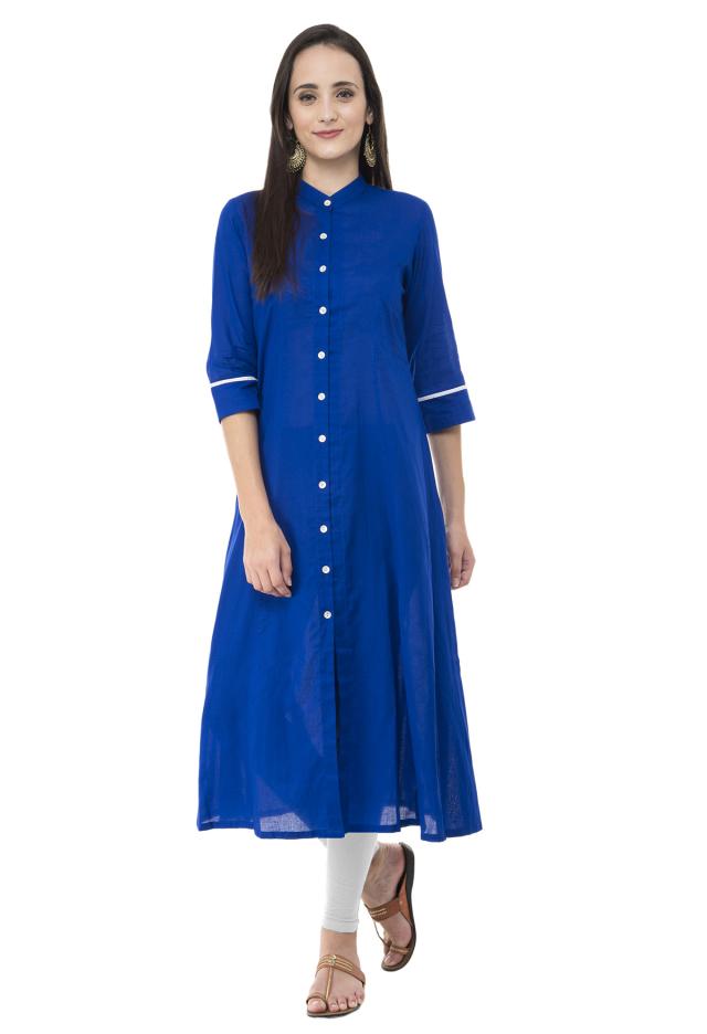 Buy Stylish Straight Front Open With Dotts Print & Broad Border On neck  Long kurti By SW at Amazon.in