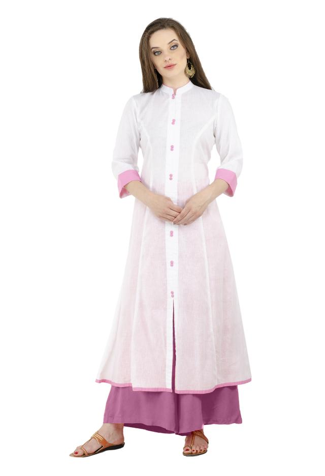 Women Cotton Solid Chinese Band Buttoned Front Slit Panelled Long A Line Kurta 